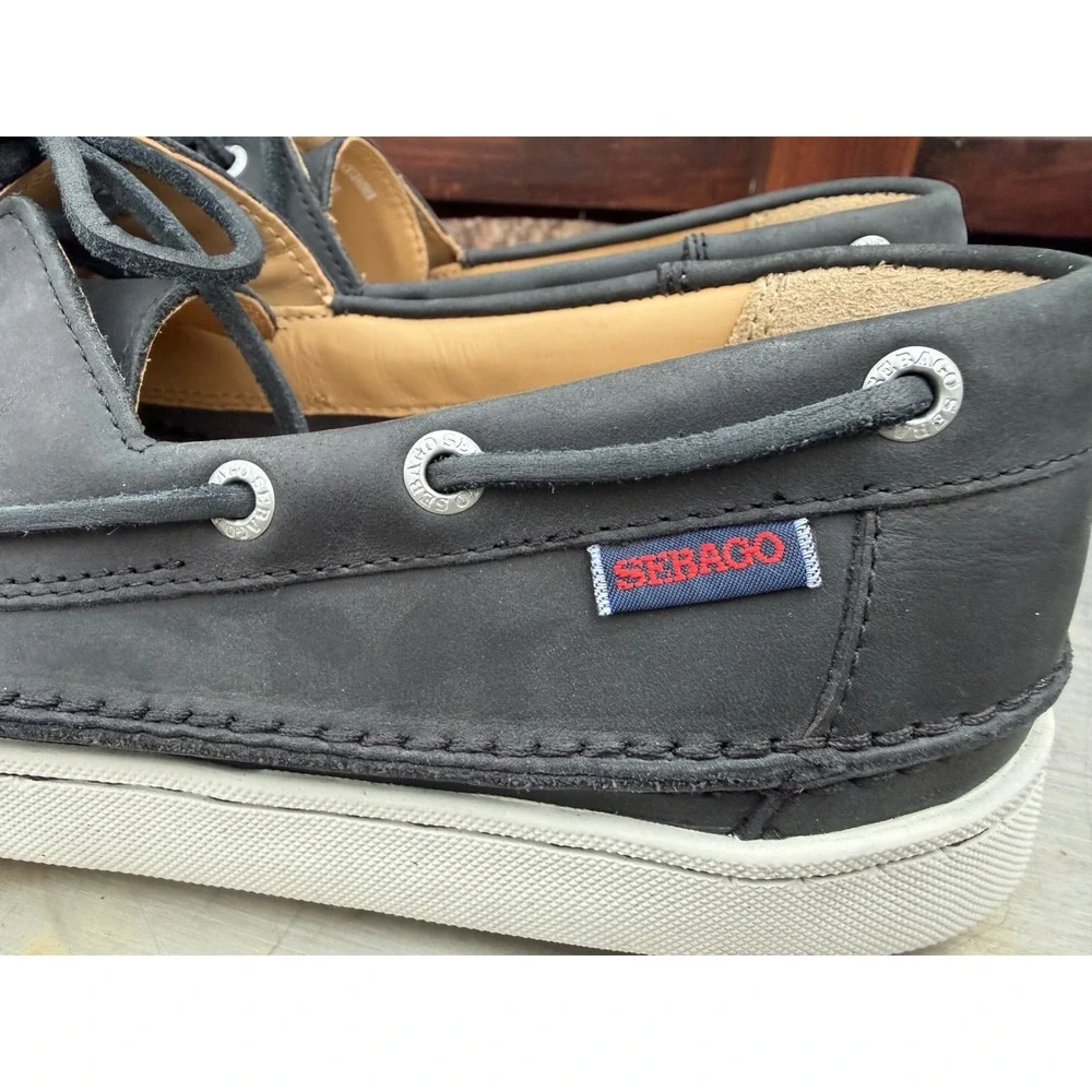 Sebago Ryde 2 Eye Black Leather Boat Shoes Mens 10M B226076 Deck Shoes Loafers